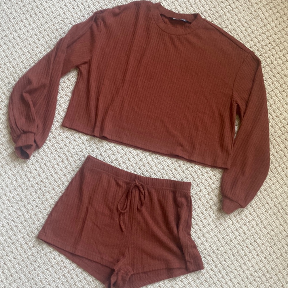 Rust Two Piece Set - Long Sleeves & Drawstring Shorts